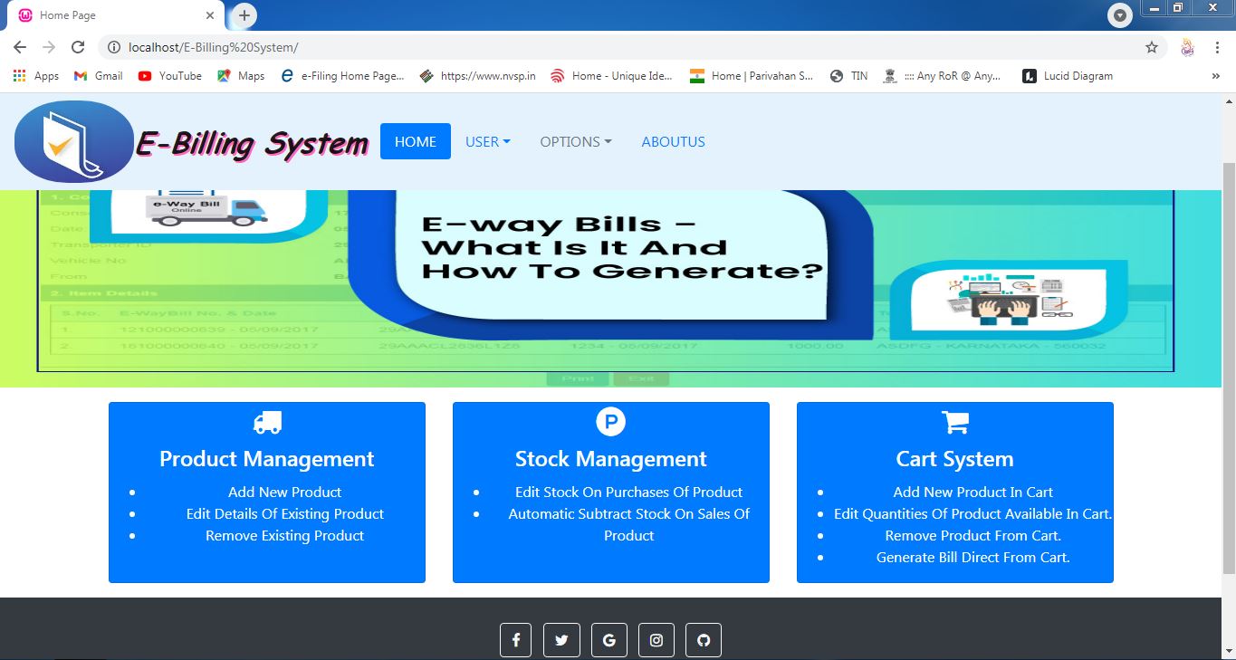 E-Billing System home page showing product management, stock management, and cart system features