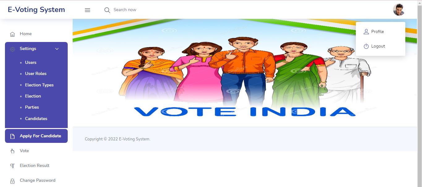E-Voting System dashboard showing election administration, candidate, voting, and result navigation