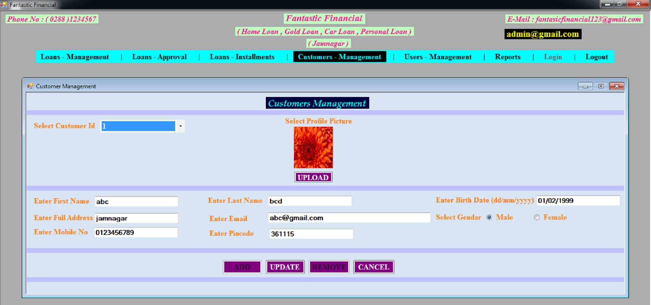 Loan Management System customer management screen with loan, installment, user, and reporting navigation